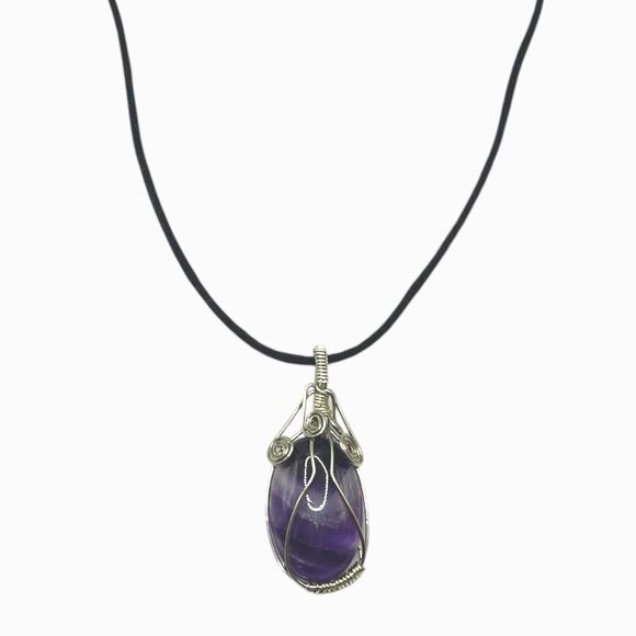 Wire Wrapped Purple Stone Pendant Necklace Black Cord Bohemian Mineral Jewelry - Picture 9 of 9